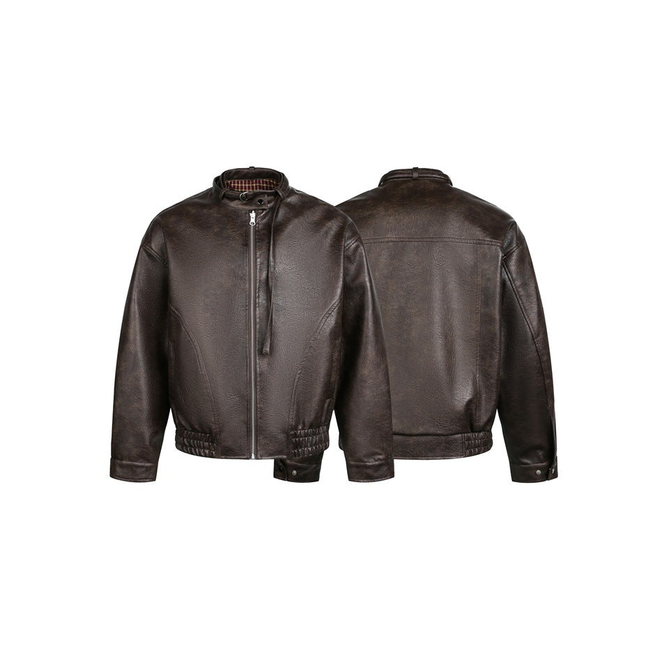 Men's short-cut vintage leather blouson with buckle collar and elastic hem EVA-US