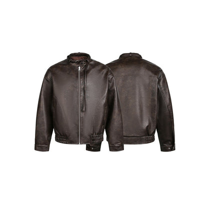 Men's short-cut vintage leather blouson with buckle collar and elastic hem EVA-US