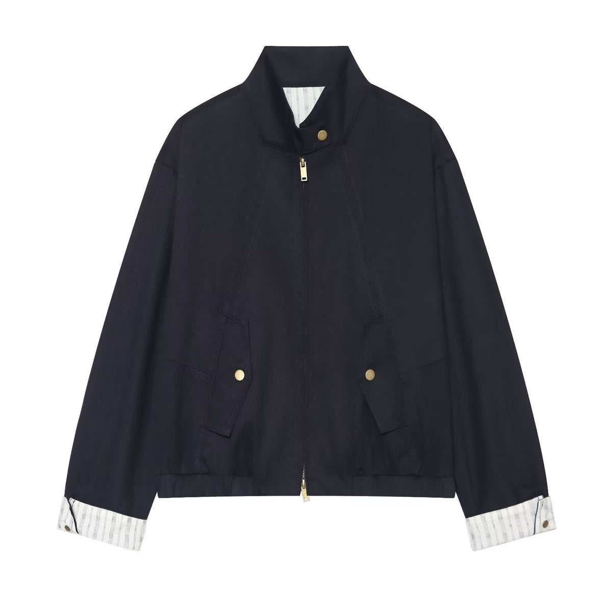 Women's Cropped Boxy Field Jacket with Stand-Up Collar, Patch Pockets and Golden Details EVA-US