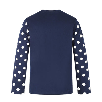 Women Long Sleeve Statement Shirt with Polka Dot Sleeves and Number Print EVA-US