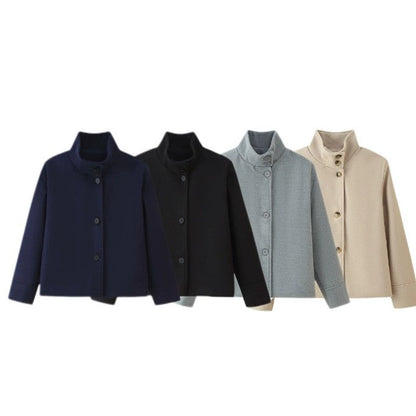 Women's 9800+ short boxy wool blend jacket with high funnel collar, asymmetrical button placket and adjustable cuffs EVA-US
