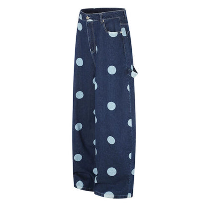 Women High-Waisted Wide Jeans Culotte with Polka Dot Print and Utility Details EVA-US