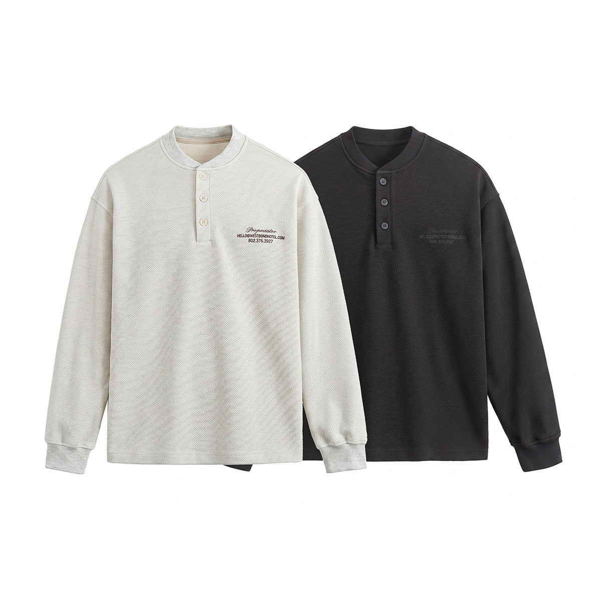 Unisex Loose fitting Henley sweatshirt with waffle texture and ribbed cuffs EVA-US