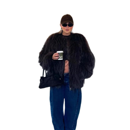 Ladies short jacket made of long-pile shaggy faux fur with hidden snap button placket EVA-US