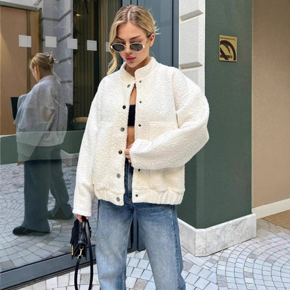 Women's teddy fleece bomber jacket in boxy cut with snap button closure and patch pockets EVA-US