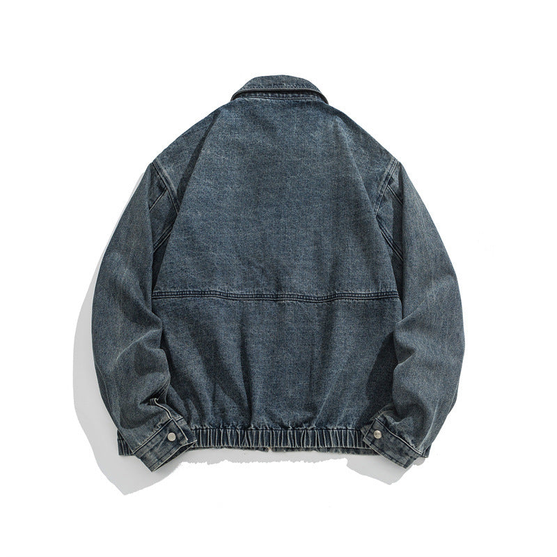 Unisex Short Cut Denim Worker Jacket with Continuous Zipper and Boxy Silhouette EVA-US
