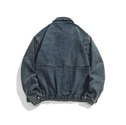 Unisex Short Cut Denim Worker Jacket with Continuous Zipper and Boxy Silhouette EVA-US