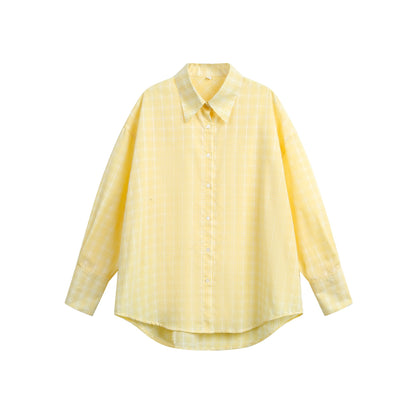 Women's oversized blouse with fine check pattern, drop shoulder and extended back section EVA-US