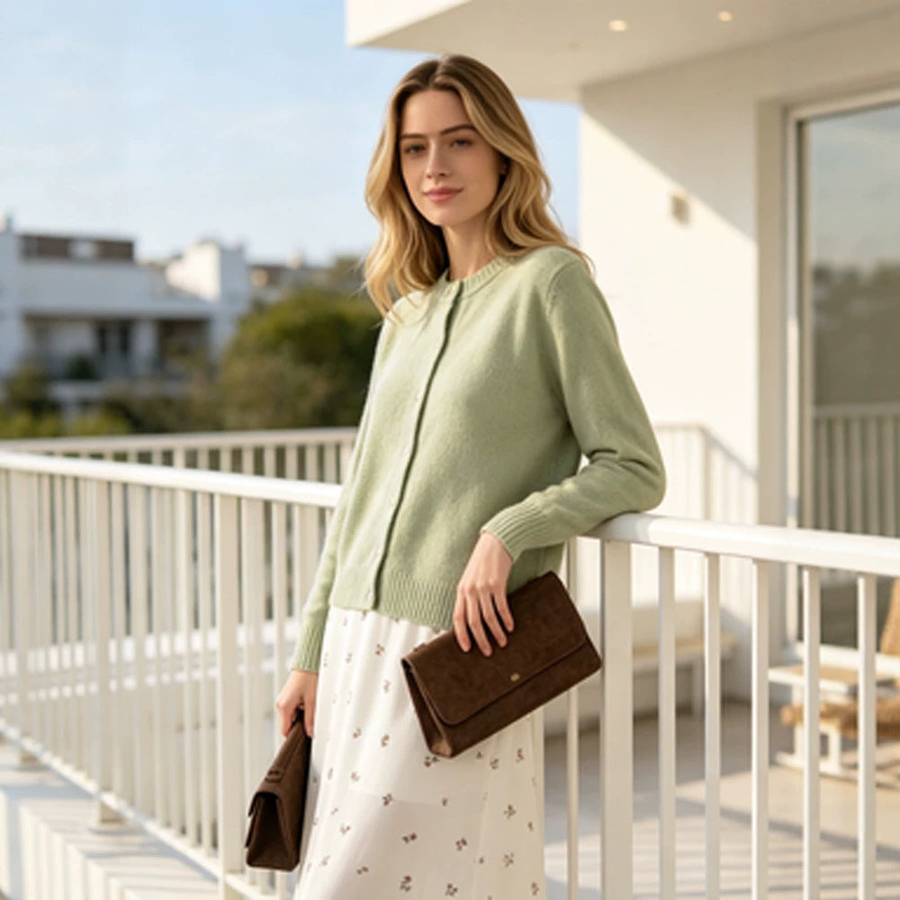 Women's fine knit cardigan with round neck, continuous button placket & ribbed cuffs EVA-US