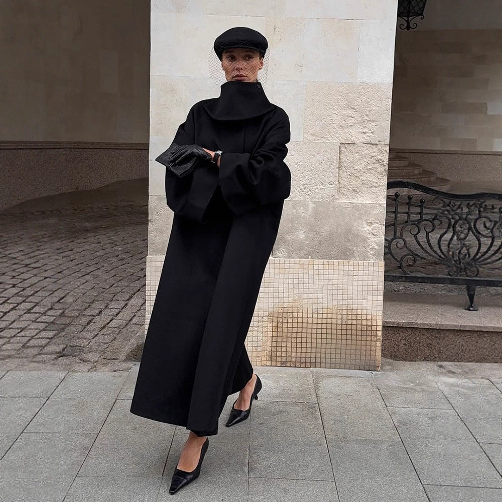 Women Maxilength Oversize Wool Blend Coat with Oversized Stand Collar and Balloon-like Sleeves EVA-US