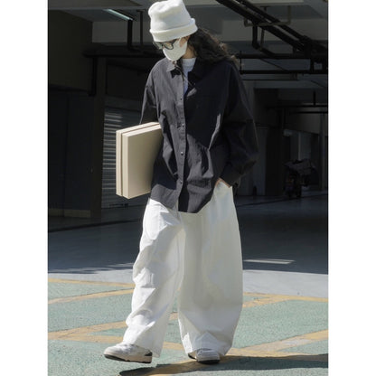 Women's Oversized Cotton Shirt Jacket with Chest Pocket and Extended Back EVA-US