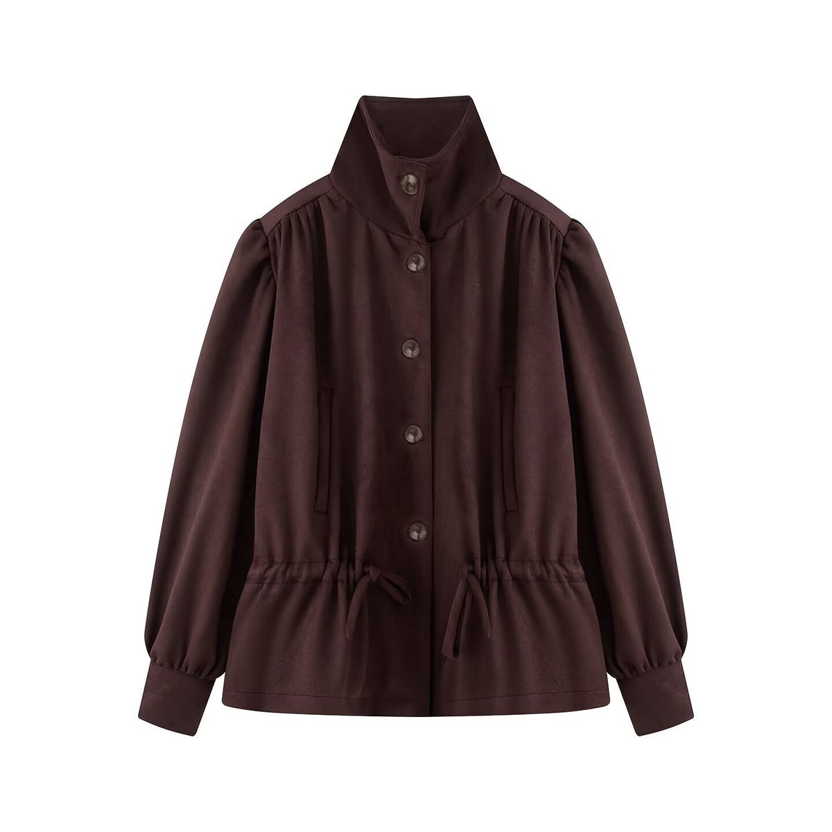 Women's Tailorable Short Jacket with Drawstring, Stand-up Collar, and Balloon Sleeves EVA-US