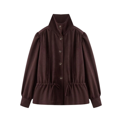Women's Tailorable Short Jacket with Drawstring, Stand-up Collar, and Balloon Sleeves EVA-US