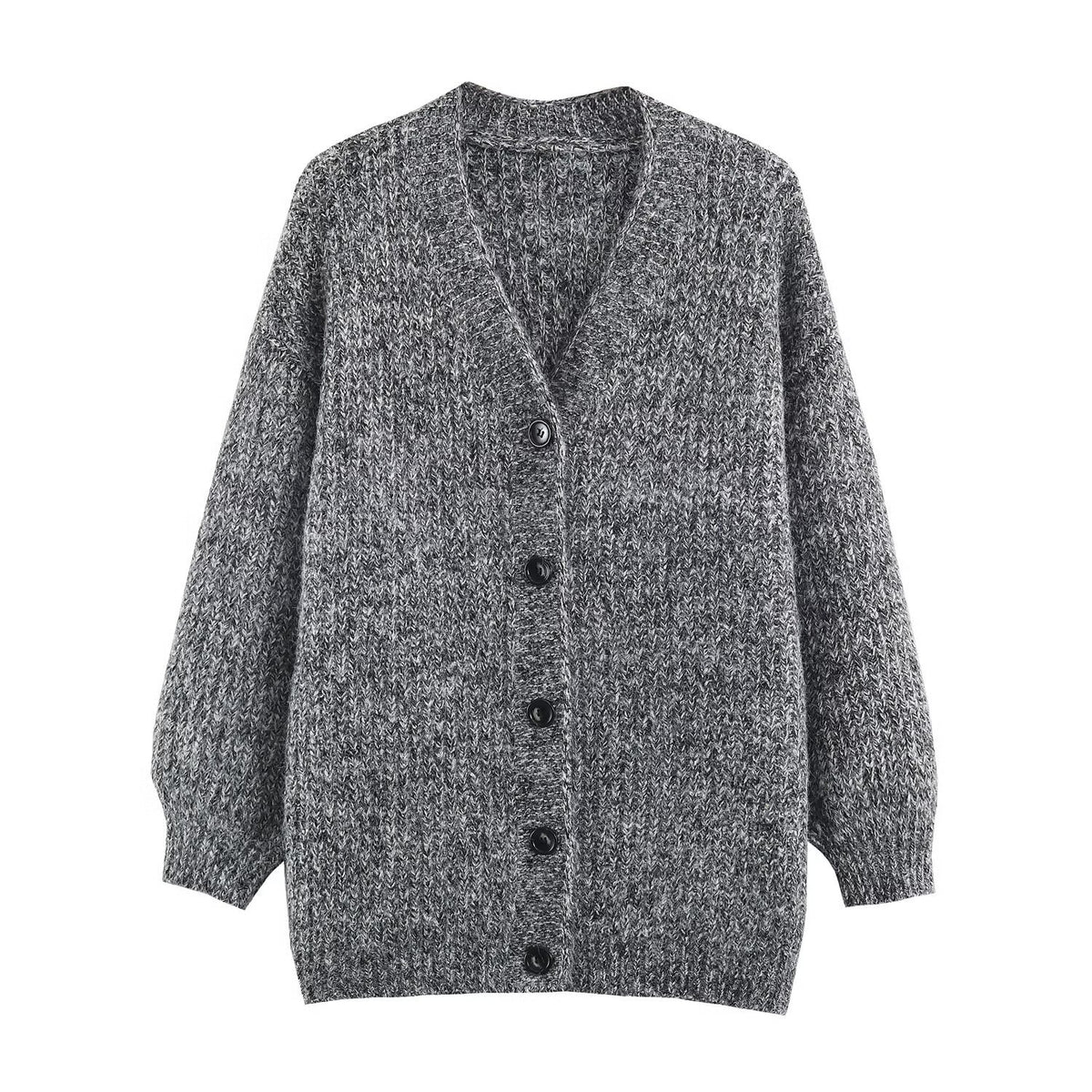 Women Oversized Chunky Knit Cardigan with Deep V-Neck, Ribbed Texture and Balloon Sleeves EVA-US