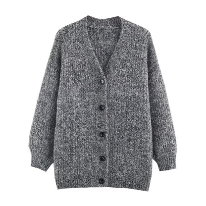 Women Oversized Chunky Knit Cardigan with Deep V-Neck, Ribbed Texture and Balloon Sleeves EVA-US