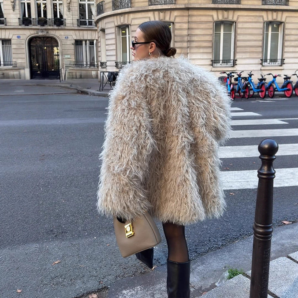 Women Oversize Curly Faux Fur Coat in Shaggy Look EVA-US