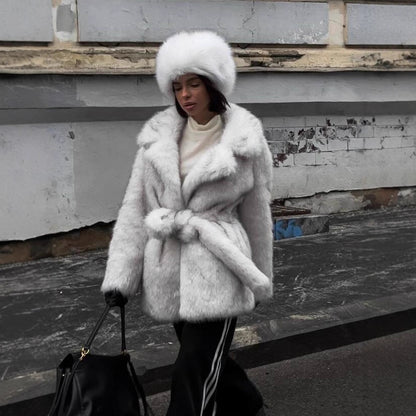 Ladies Voluminous Short Coat made of Faux Fur with Belted Waist and Oversized Shawl Collar EVA-US
