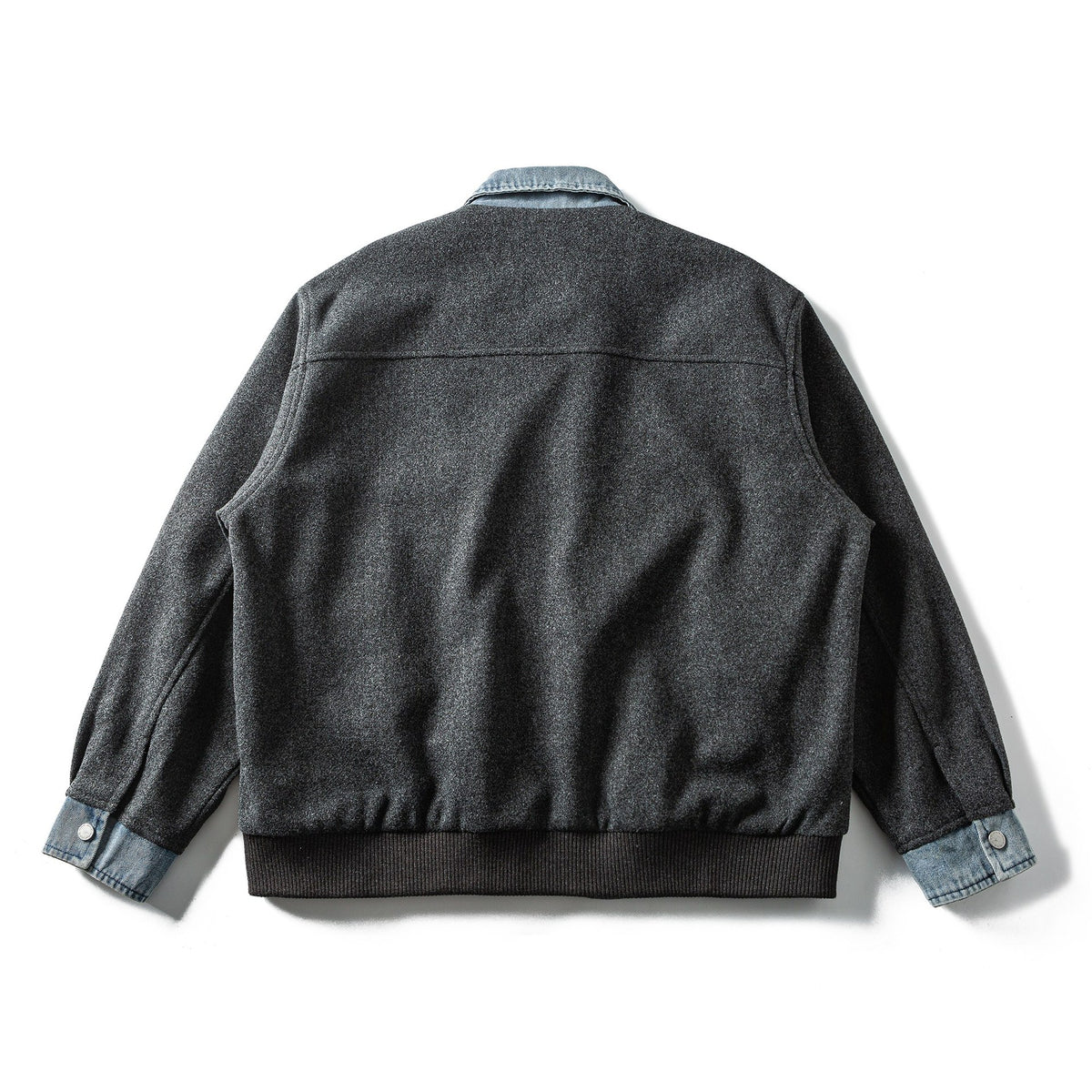 Men's Short Wool Blend Bomber Jacket with Denim Collar and Flap Pockets EVA-US