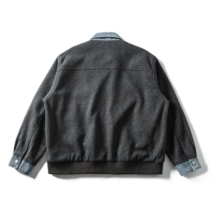 Men's Short Wool Blend Bomber Jacket with Denim Collar and Flap Pockets EVA-US