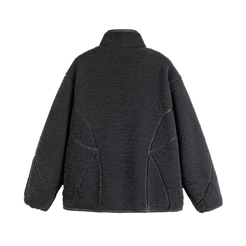 Unisex Teddy-Fleece-Bomber Jacket with Stand Collar and Geometric Seam Design EVA-US