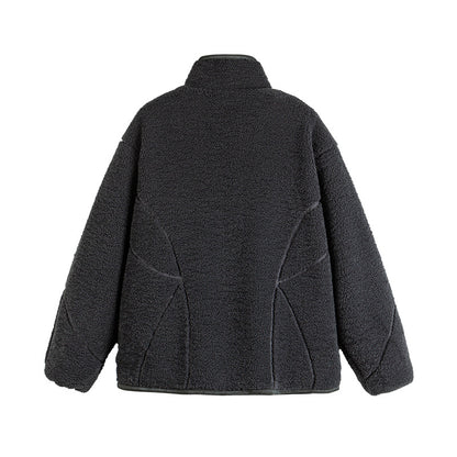 Unisex Teddy-Fleece-Bomber Jacket with Stand Collar and Geometric Seam Design EVA-US