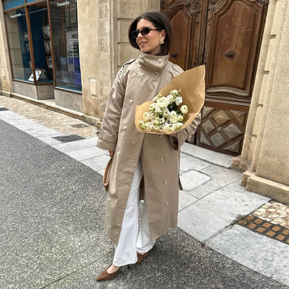 Women’s Maxi Trench Coat with high stand collar, double-breasted button placket & waist belt EVA-US
