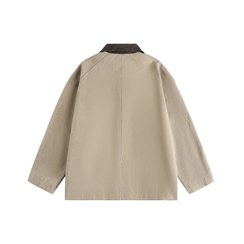 Unisex Short Cut Boxy Denim Jacket with Cord Collar and Tonal Decorative Stitches EVA-US