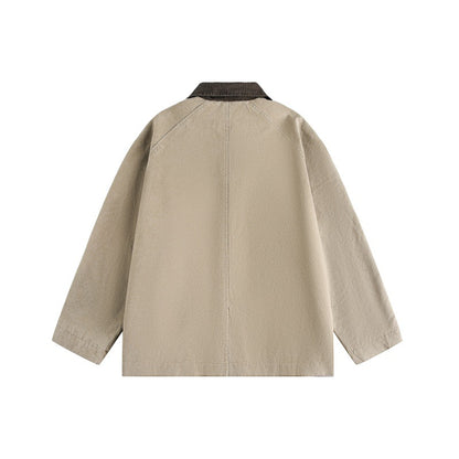 Unisex Short Cut Boxy Denim Jacket with Cord Collar and Tonal Decorative Stitches EVA-US