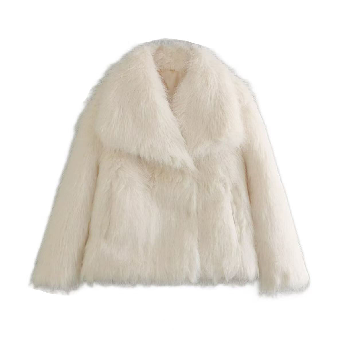 Women's Short Faux Fur Jacket with Wide Shawl Collar EVA-US