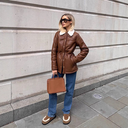 Women's Fitted Faux Leather Jacket with Drawstring, Teddy Collar and Snap Button Placket EVA-US