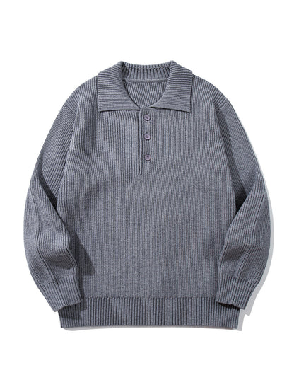 Men's Ribbed Polo Collar Sweater with Triple Button Placket and Relaxed Fit EVA-US