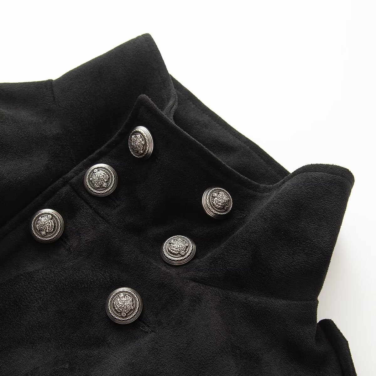 Women's short uniform-inspired jacket with high stand-up collar, double button placket and decorative cuffs EVA-US