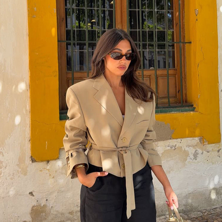 Women's Tailored Cropped Blazer with Belt and Remarkable Shoulder Area EVA-US