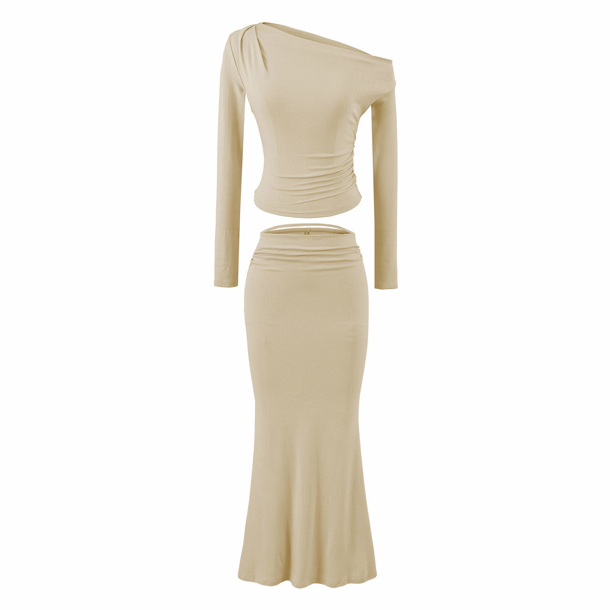 Women's One-Shoulder Two-Piece Set with Ruched Crop Top and Fitted Maxi Skirt EVA-US