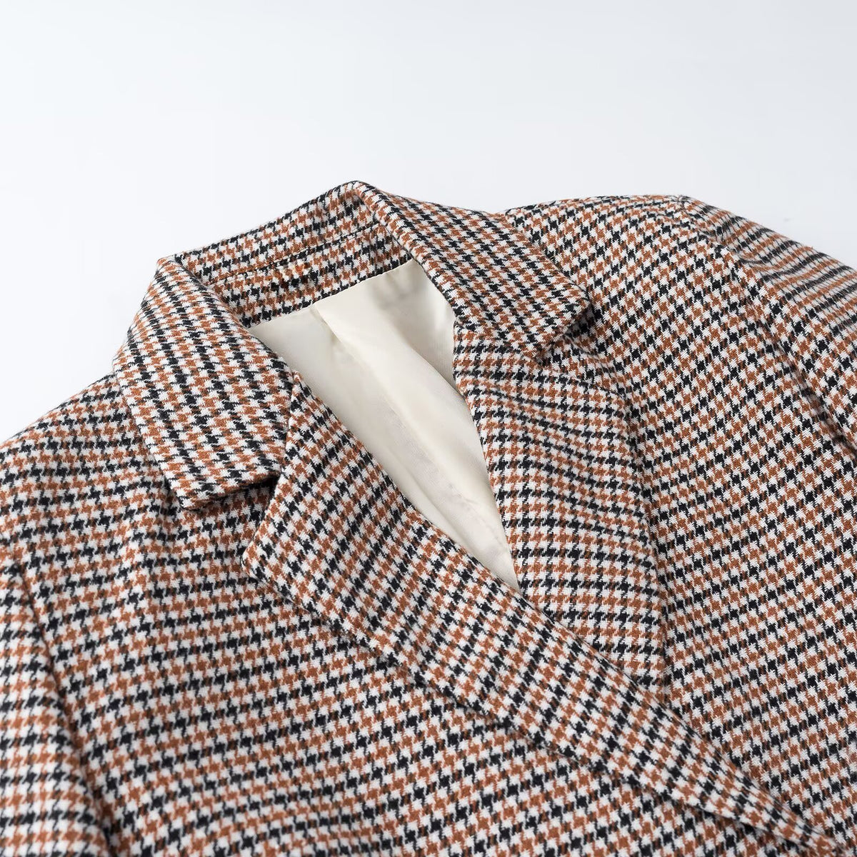 Women's Cropped Blazer in Houndstooth Pattern with Double-Breasted Button Placket EVA-US