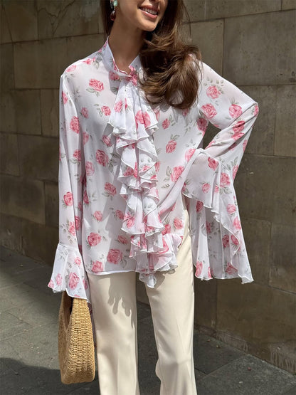 Women Chiffon Blouse with Rose Print, Ruffle Tiers and Bell Sleeves EVA-US