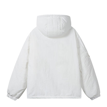 Unisex Short Boxy Padded Hooded Jacket with Sleeve Utility Pocket and Side Insertion Pockets EVA-US