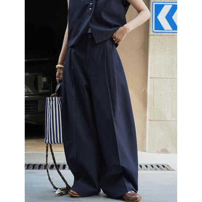 Women Wide High-Waisted Marlene Pants with Pleats and Low Crotch EVA-US