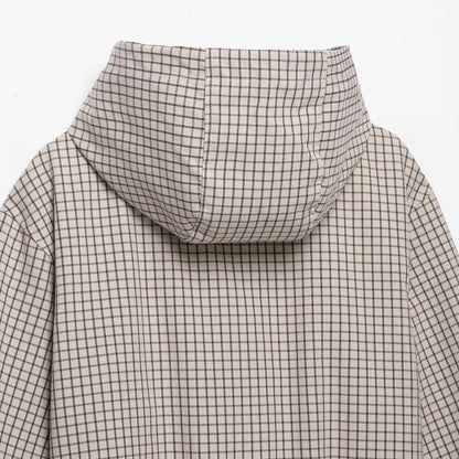 Women Lightweight Hooded Jacket in Check Pattern with Drawstring Hem and Elastic Cuffs EVA-US