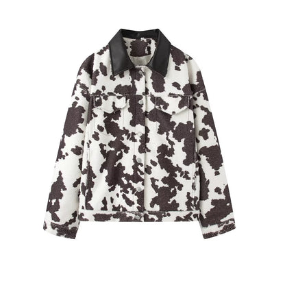 Women's Oversized Jacket in Trucker Style with Cow Print and Faux Leather Collar EVA-US