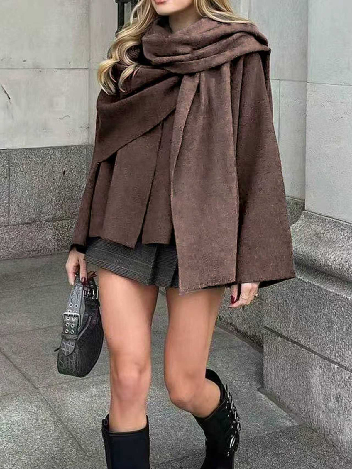 Women Oversize Wrap Poncho Coat with Wide Shawl Collar and One-Button Detail EVA-US