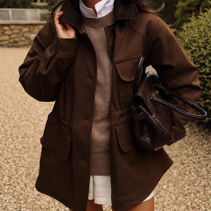 Women's Oversize Field Jacket with Flap Pockets and Waist Drawstring