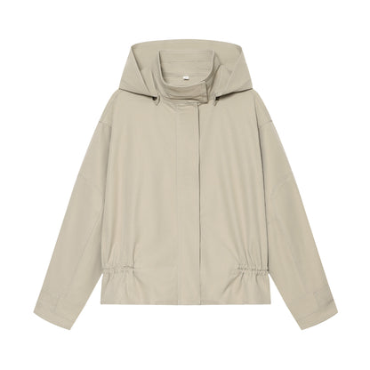Women short parka with high funnel collar, drawstring waist and concealed button placket EVA-US