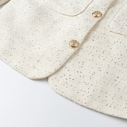 Women Short-Cut Tweed Jacket in Boucle Look with Round Neckline, Decorative Buttons and Flap Pockets EVA-US