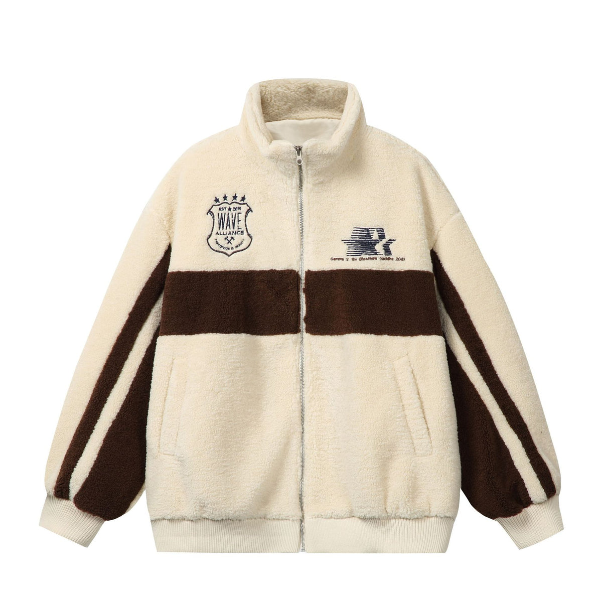 Unisex Sherpa fleece jacket in boxy cut with stand-up collar, block stripes and embroidery details EVA-US