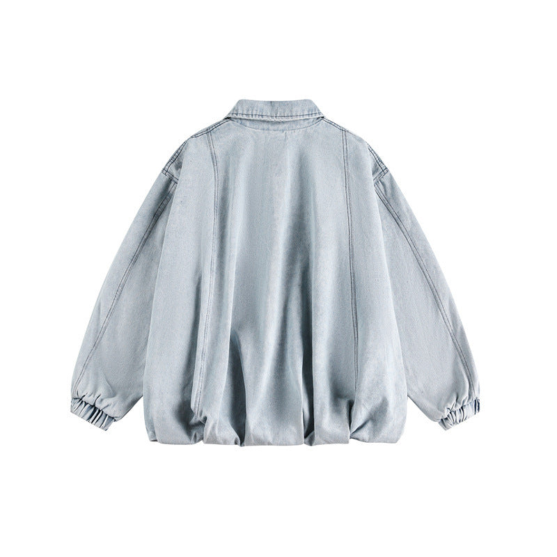 Unisex Lightweight Oversized Denim Jacket with Shirt Collar, Elastic Hem and Raglan Sleeves EVA-US