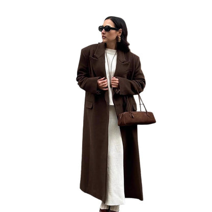 Women's long coat with straight cut, figure-flattering oversized lapels and side pockets EVA-US