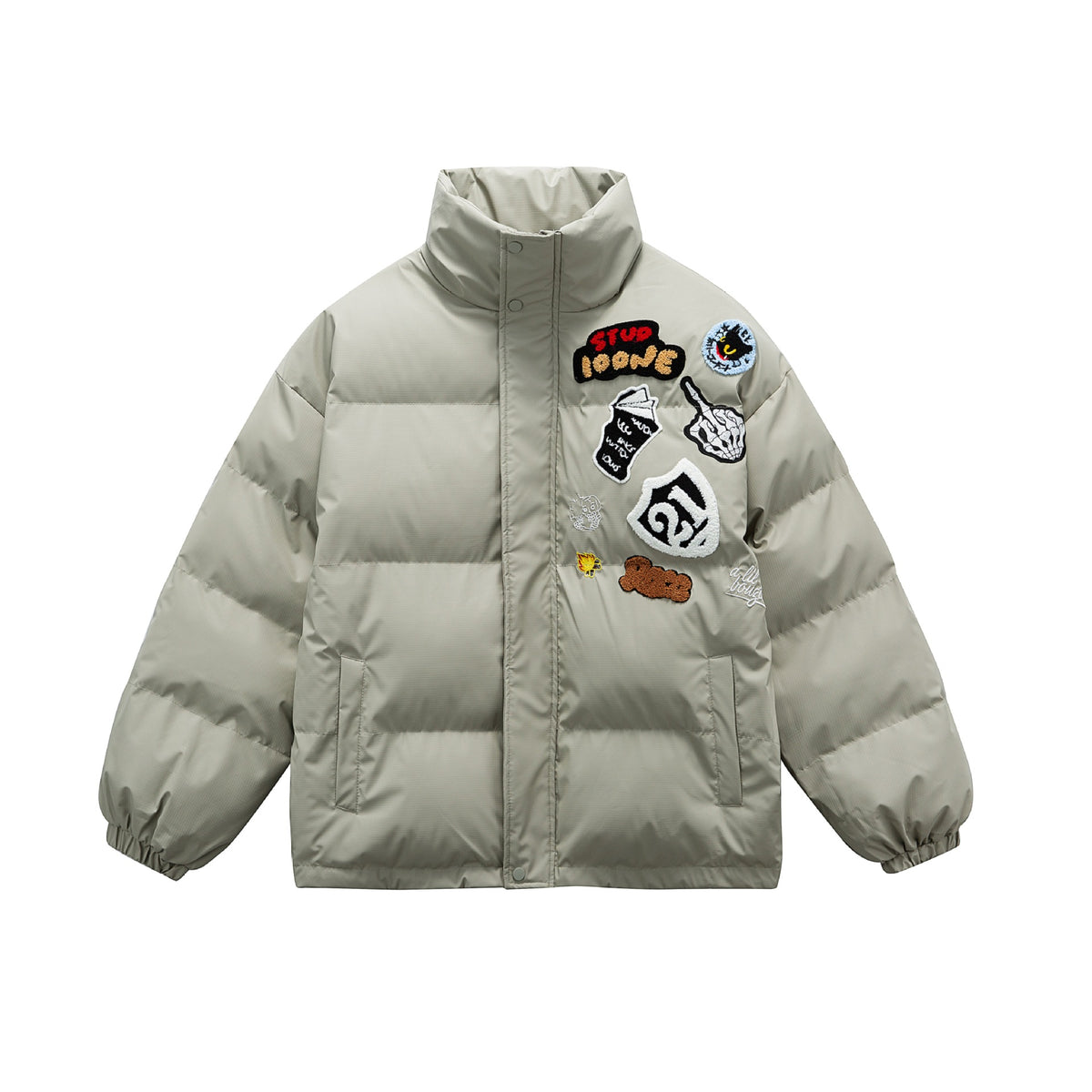 Unisex Boxy padded oversized puffer jacket with stand-up collar and statement patch details EVA-US
