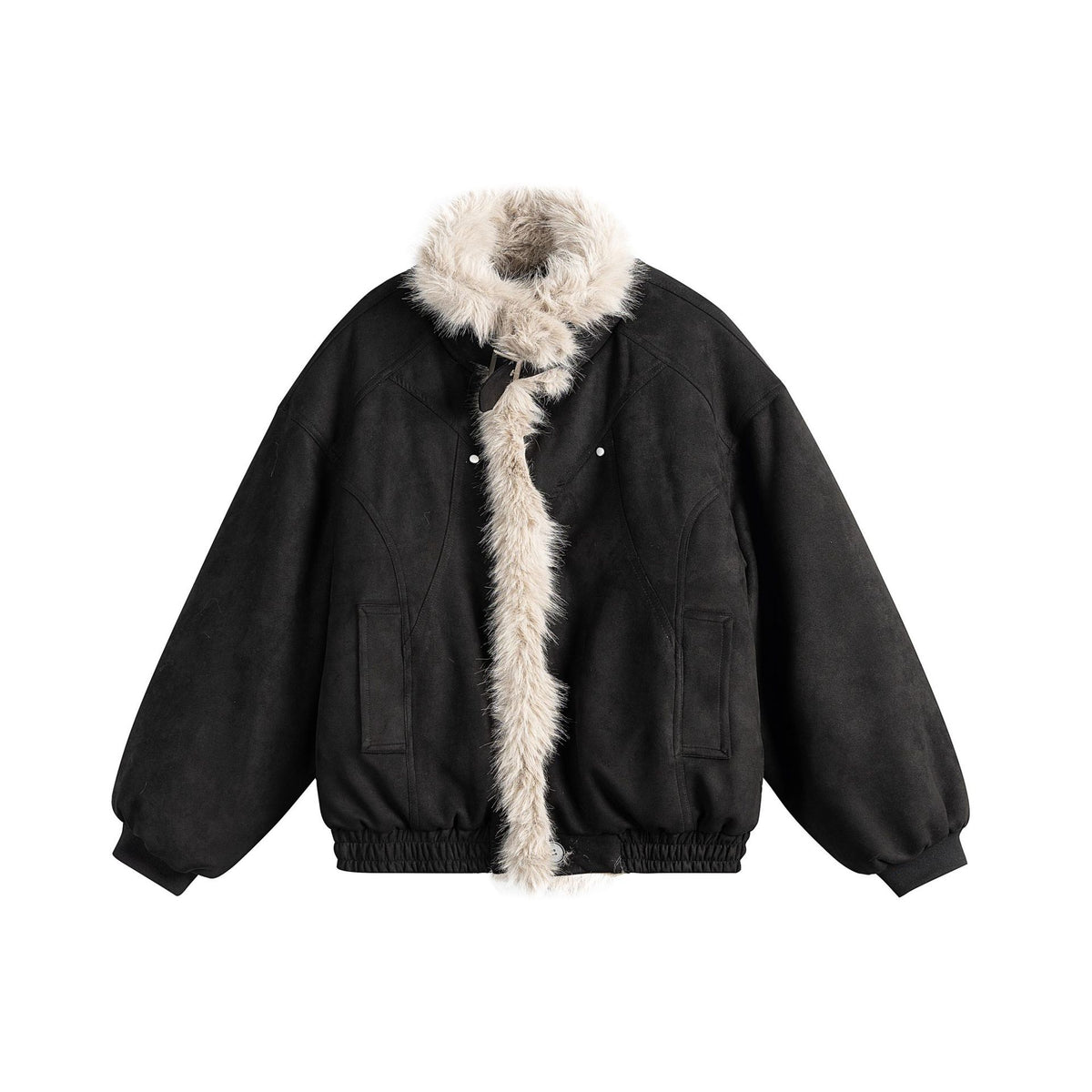 Women's boxy bomber jacket made of faux suede with a voluminous faux fur collar EVA-US