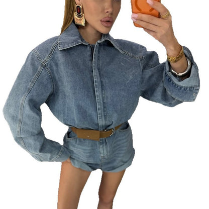 Women's Denim Shorts Overall with Boxy Shirt Top and Waist Belt EVA-US